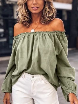 2026 Spring Women Boat Neck Long Sleeve Solid Color Loose Plus Size Blouse Fashion New Casual Shirts Autumn Elegant Oversize Top