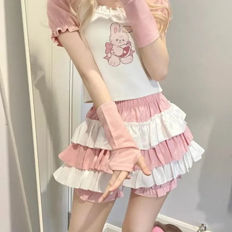 

Женские однотонные кавайные шаровары с оборками Y2k Lolita, безопасные короткие брюки в японском стиле, милые шорты с эластичной талией и тыквой, юбки, 2024