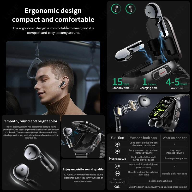 NFC Smart Watch TWS 2-in-1 Headset Bluetooth Call Heart Rate Blood Pressure Health Monitoring Headphones Play Music Smartwatch