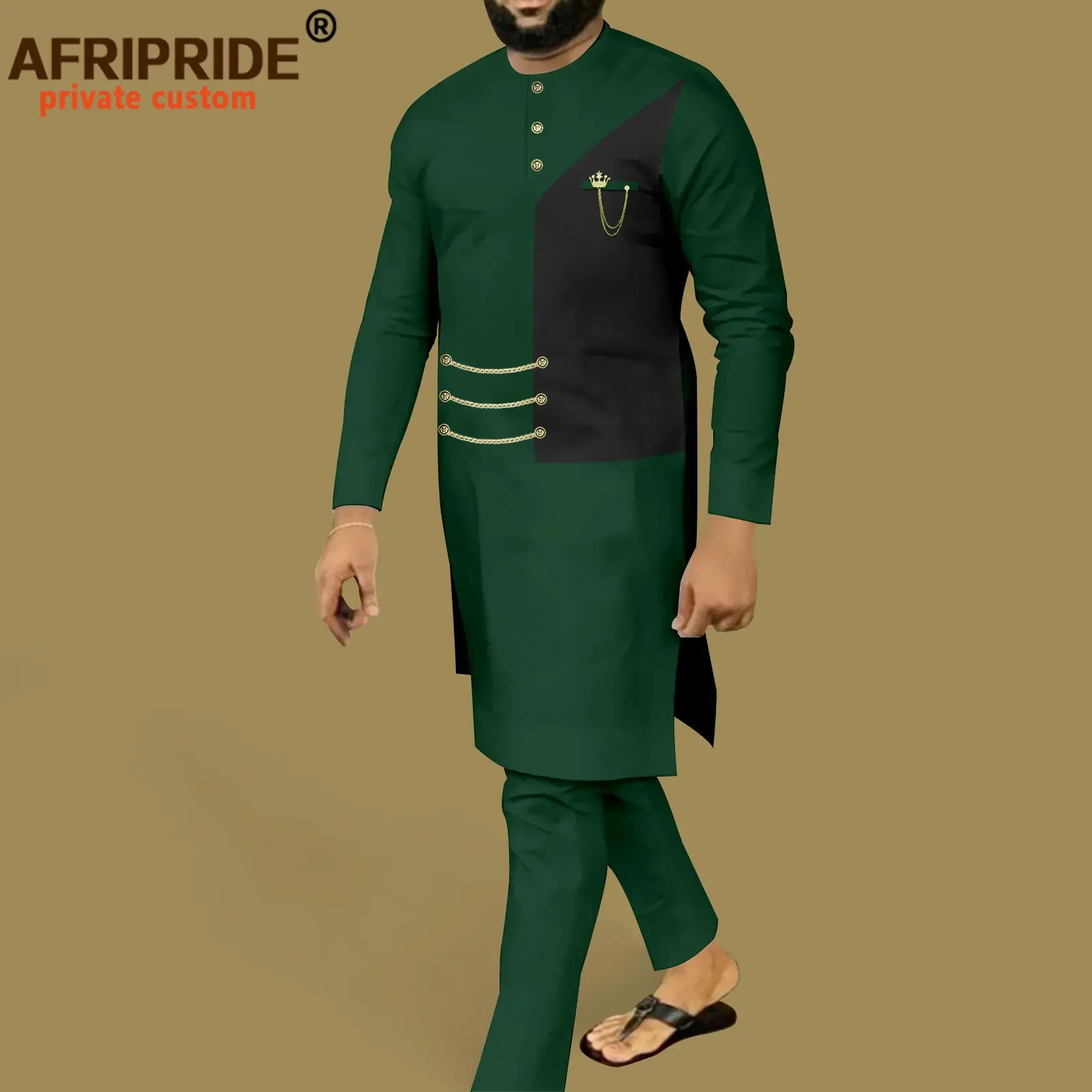 African Suits for Men Single Breasted Long Shirts and Pant 2 Piece Set Wedding Outfits Dashiki Clothes with Chain A2316034