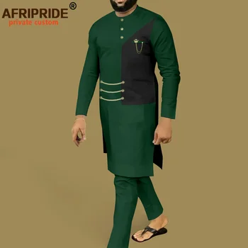 African Suits for Men Single Breasted Long Shirts and Pant 2 Piece Set Wedding Outfits Dashiki Clothes with Chain A2316034