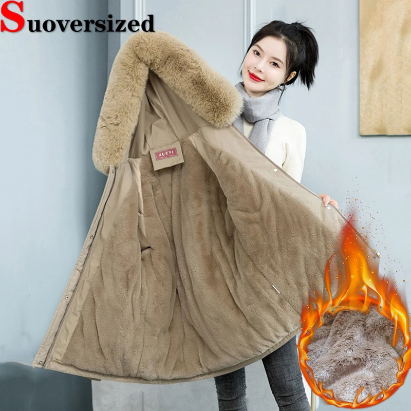 

Plush Lined Oversized 80kg Parka Faux Fur Collar Hooded Jackets Winter Thicken Fashion Coats Warm Women Adjustable Waist Abrigos