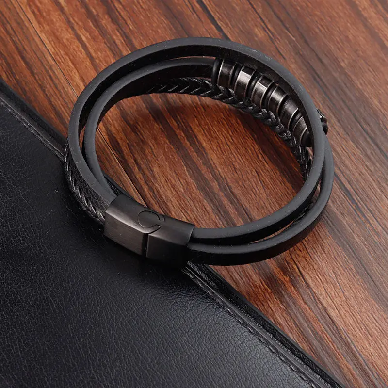 Knit Stainless Steel Genuine Leather Rope Black Vintage Black Bracelet Men Charms Gift