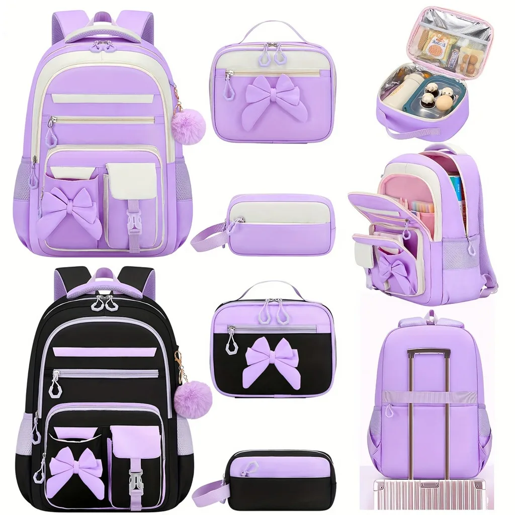 Girls School Backpack Spine Bow School Bag Set Spine Backpack Colorful Color Block Backpack For School Daily Campus Use 6