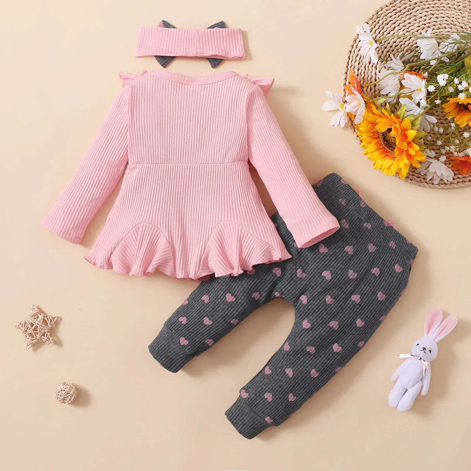 Newborn Baby Girls Clothes Set Pink Toddler Ruffle Tops Heart Print Bow Trousers Princess Casual Infant Outfits