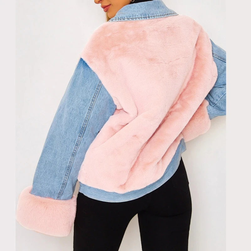 2023 Autumn and Winter Casual Denim Jacket Stitching Woolen Warm Jacket Long-sleeved Lapel Single-breasted New Women's Clothing