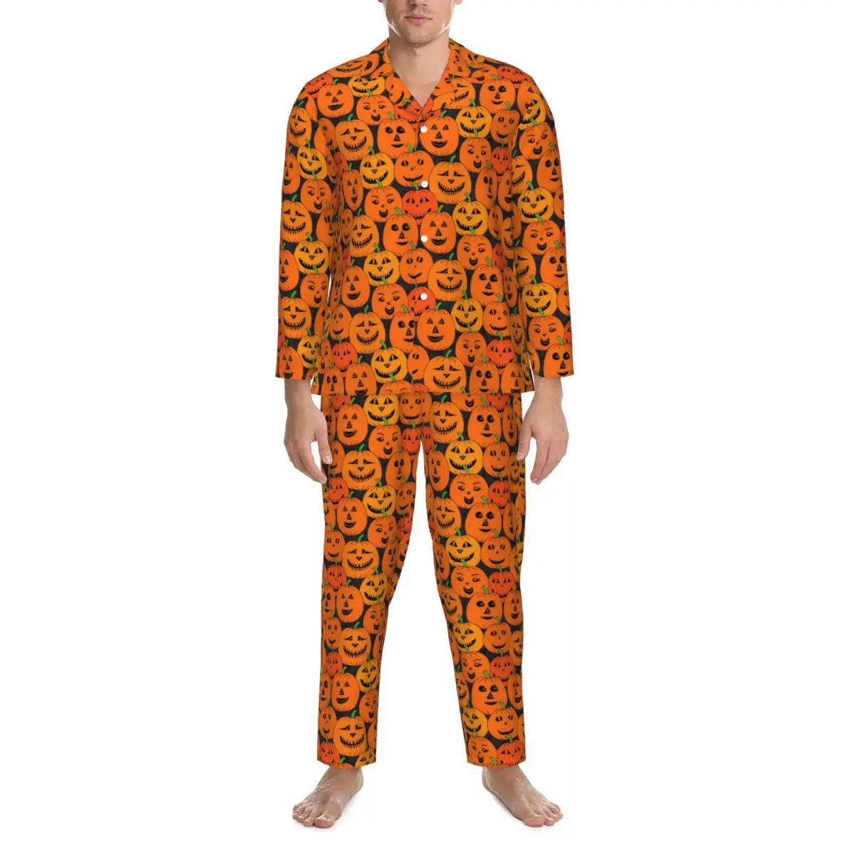 

Pajamas Mens Cute Pumpkin Night Sleepwear Halloween Print Two Piece Vintage Pajama Set Long Sleeves Cute Soft Oversize Home Suit