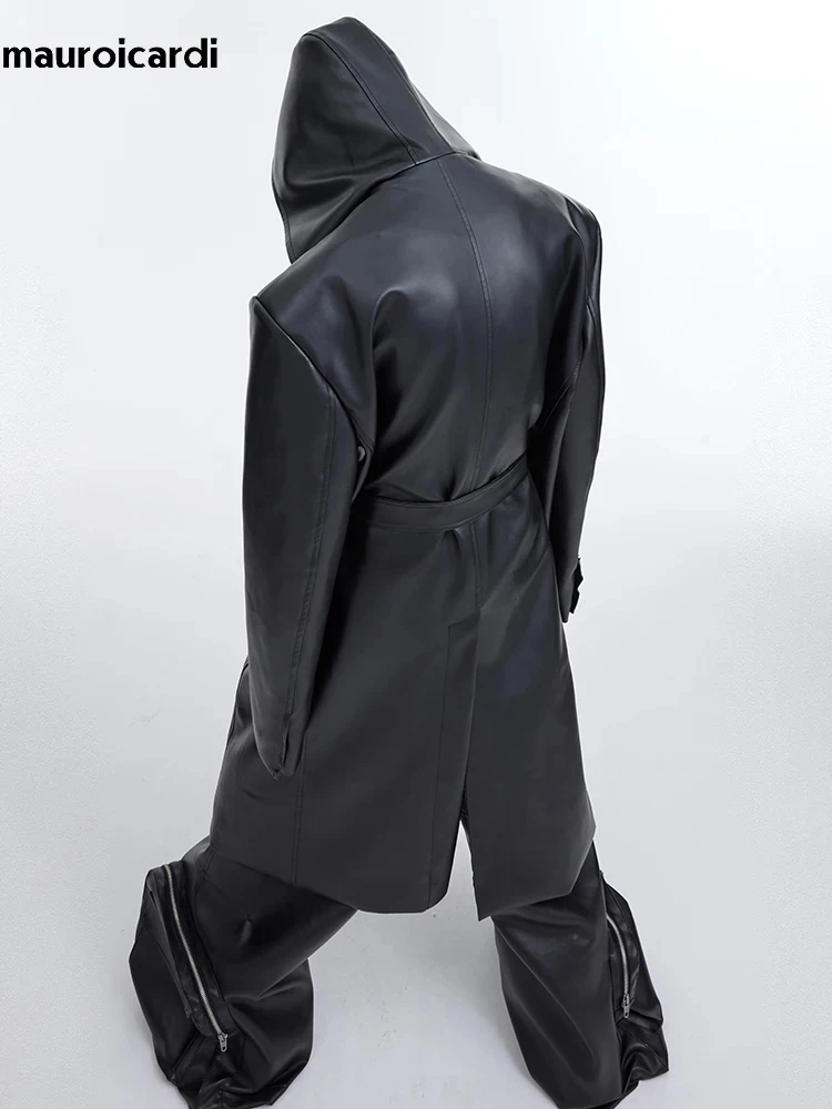 Mauroicardi Autumn Long Oversized Waterproof Black Faux Leather Trench Coat Men with Hood Loose Luxury Designer Clothes 2023 3