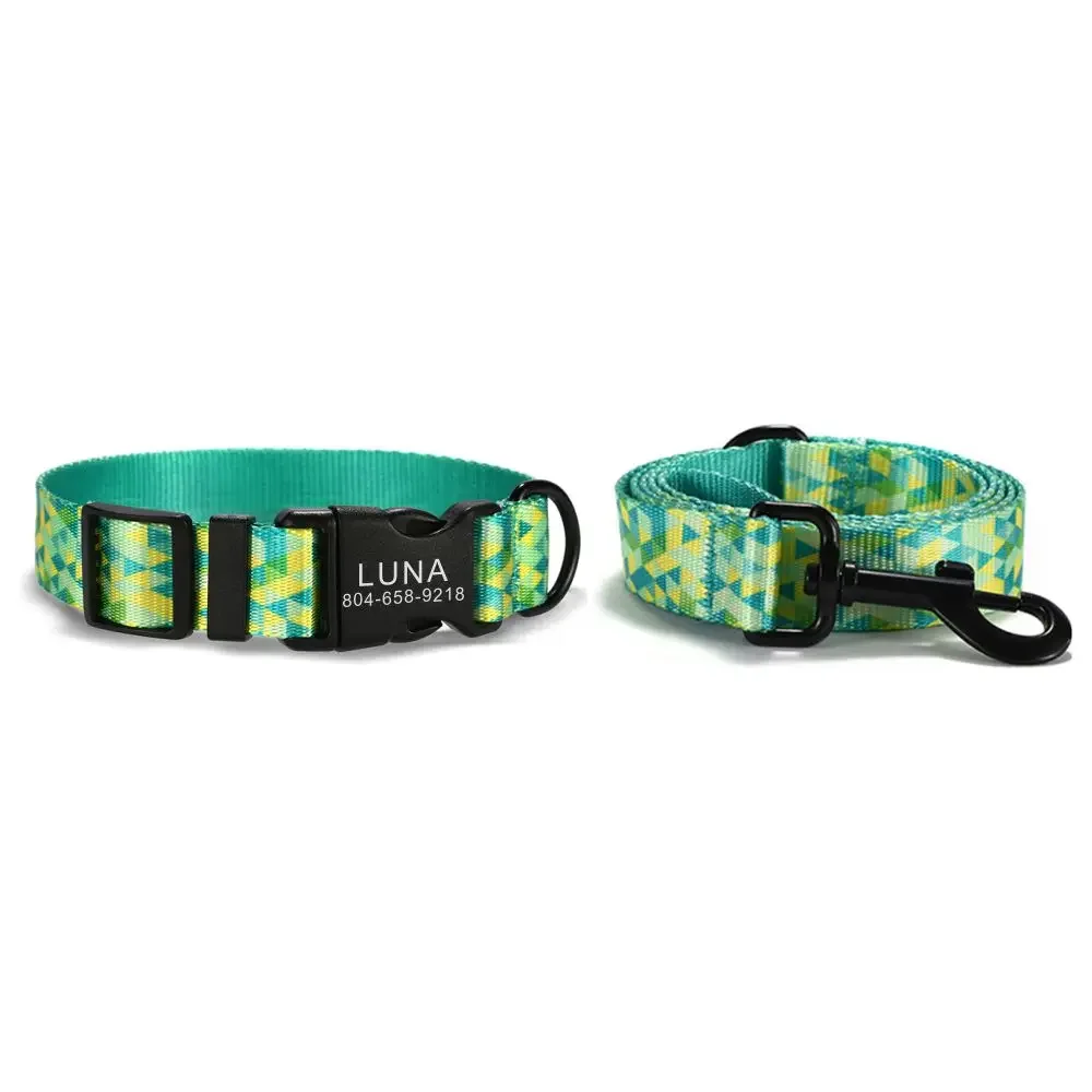 

Personalized Pet Collar Customized Nameplate ID Adjustable Green Triangle Soft Fiber Cat Dog Collars Lead Leash