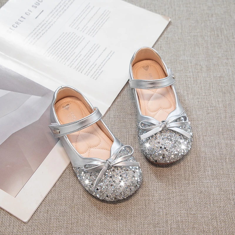Girls Sequins Leather Shoes for Party Wedding Children Princess Shoes with Bow-knot Fashion Kids Shallow Ballet Shoes Size 25-36