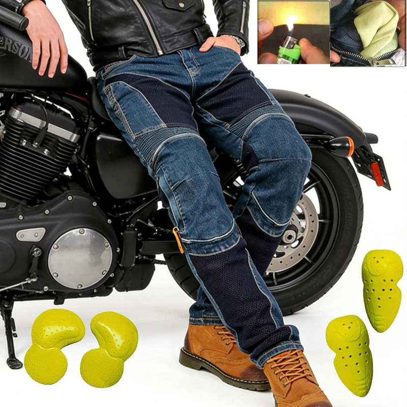 남성 여름 올 블루 케블라 오토바이 청바지 내마모성 방풍 먼지 방지 바이크 라..