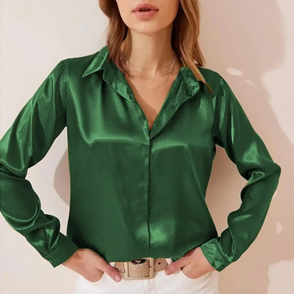 

Women Spring Shirt Turn-down Collar Cardigan Long Sleeves Tops Satin OL Style Commute Spring Fall Blouse Women Clothes Camisa