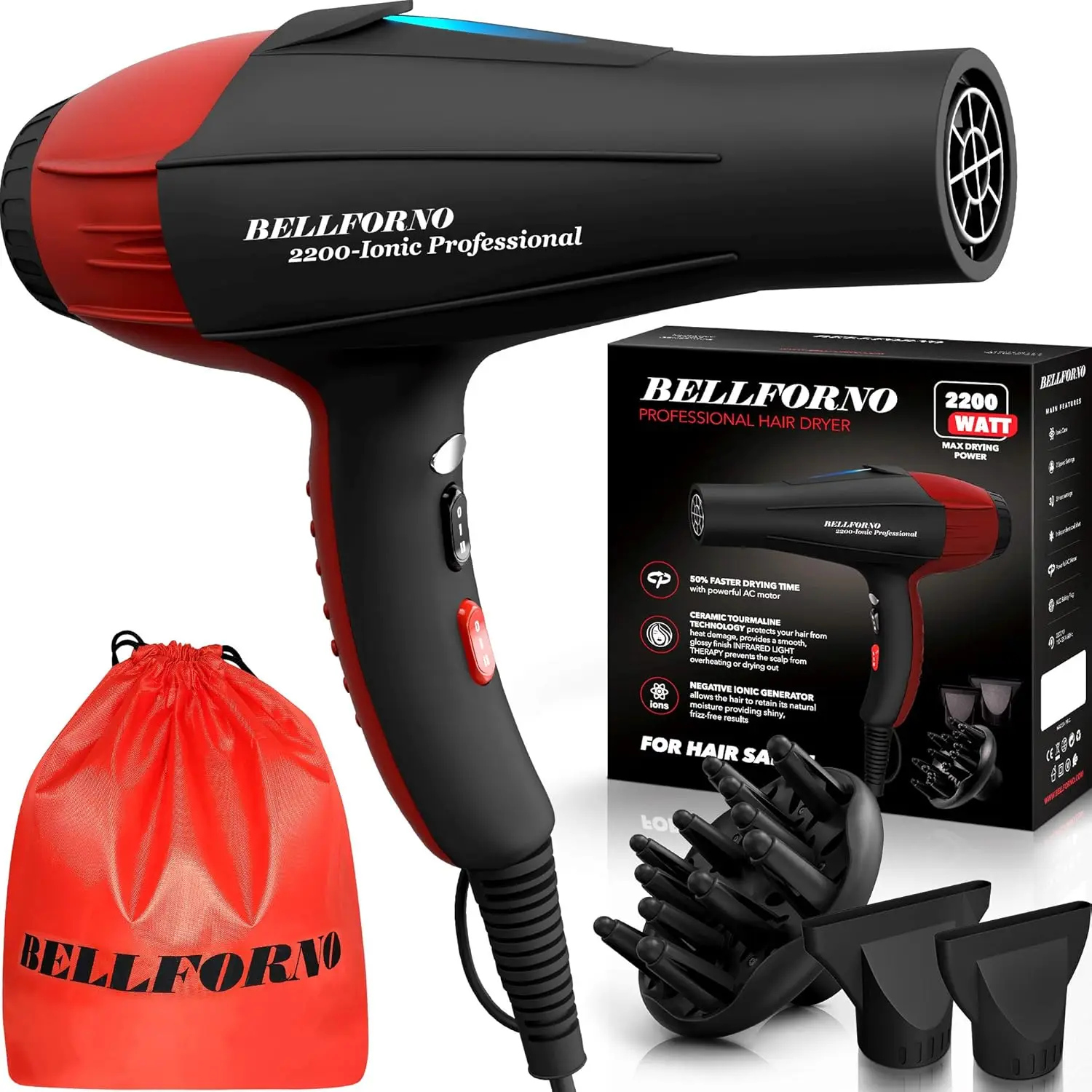Ionic Salon Hair Dryer, 2200 Watt Powerful AC Motor Ceramic Tourmaline Ion Blow Dryer, Quiet Hair Dryers with Diffu