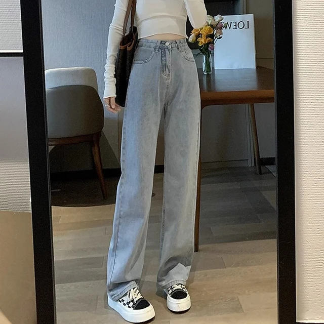 Jean Vintage à Jambes Larges pour Femme, Pantalon Taille Haute, Mode Féminine, Noir, Gris, Rétro, Bleu Clair, Rose, Denim Fjj 6