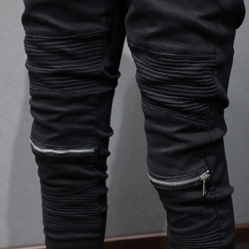High Street Fashion Men Jeans Black Elastic Stretch Skinny Fit Spliced Biker Jeans Men Zipper Designer Hip Hop Punk Pants Hombre
