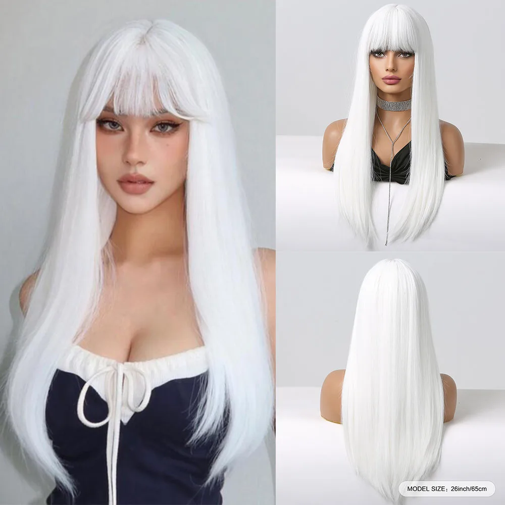 White Cosplay Party Halloween Synthetic Wigs Long Straight Wigs with Bangs for Women Lolita Fake Hairs Natural Heat Resistant