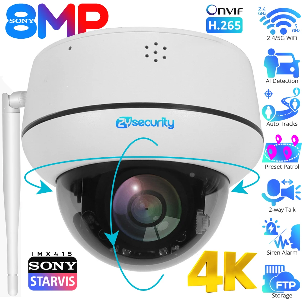 4K 8MP Wifi Dome PTZ Camera Outdoor Humanoid Tracking IP Camera Indoor 2-way Audio Wireless Home Security Surveillance Cameras