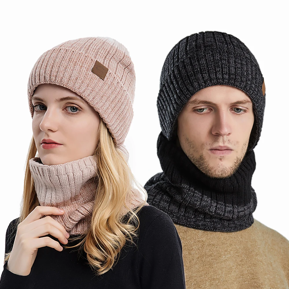Men's Winter Keep Warm Beanie Scarf Set Women Fleece Lining Woolen Yarn Hat Knit Neck Gaiter Color Gradient Unisex Design New in