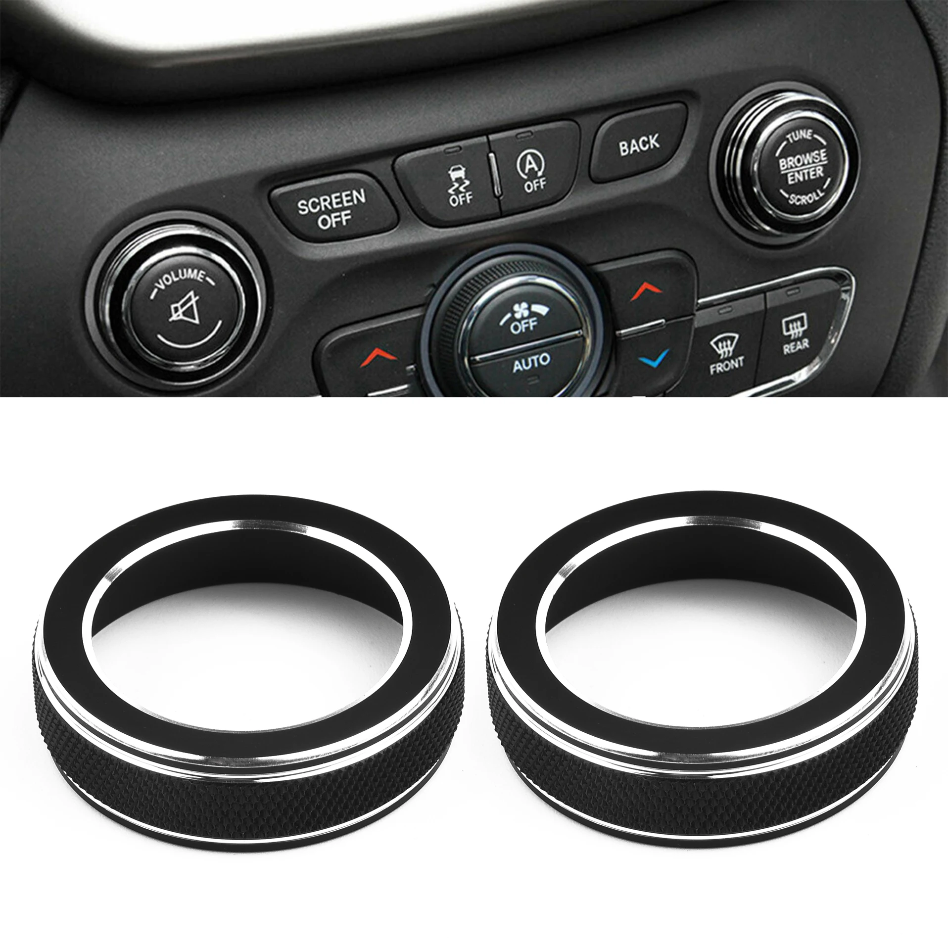 

2Pcs Volume Knob Covers Volume CD Switch Knob Ring Cap Aluminum Alloy Cover Trim For Jeep-Grand For Cherokee 2014-2019