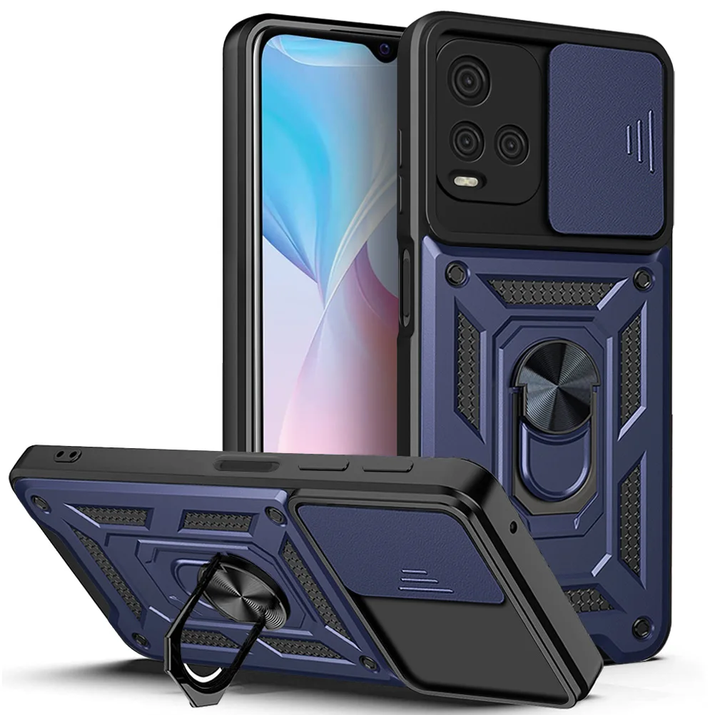 glass flip cover Slide Camera Armor Case For Vivo Y21S Y91i Y91C Y20i Y20S Y11 Y12 Y15 Y17 Y30 Y31 Y33S Y51 V21E Bracket Ring Full Lens Cover samsung flip cover Cases & Covers