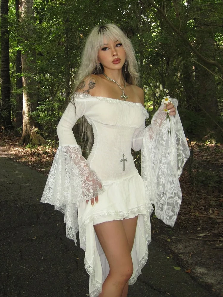 Nibber Slash Neck Dress Women Flare Sleeve Patchwork Lace Irregular Hem Crucifix Decoration Sweet Skinny Fashion Mini Bodycon