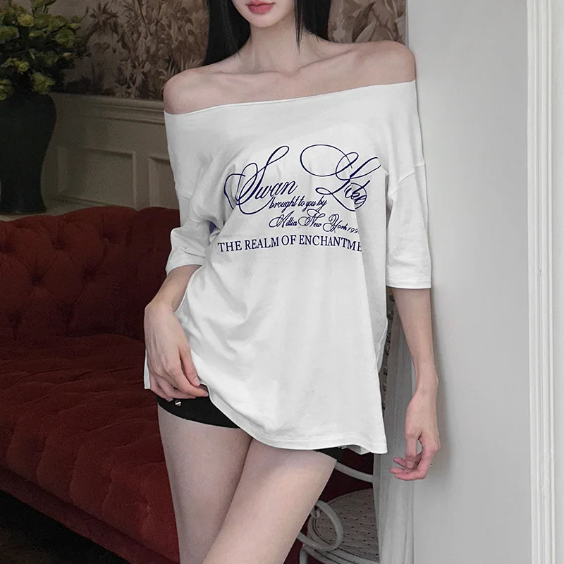 Casual Relax Woman T-shirt Letter Women Oversized One Shoulder Tops Versatile Street Atmosphere Style 2025 new Fashionable Tops