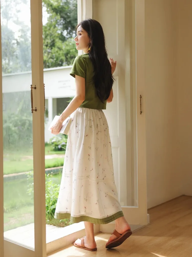High Waist A-Line Midi Skirt Women Summer White Floral