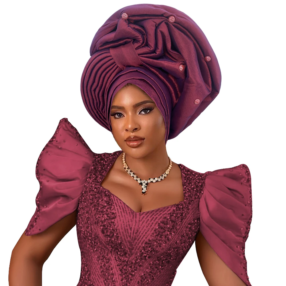 Raw Silk Turban Cap for Women African Female Head Wraps Nigeria Wedding Party Headcover Hat Ready to Wear Head Ties