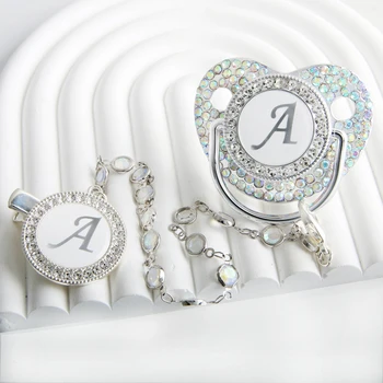 Initial Letter Siliver Baby Pacifier With Colorful Gem BPA Free Luxury Silver Dummy Soother Chupeta