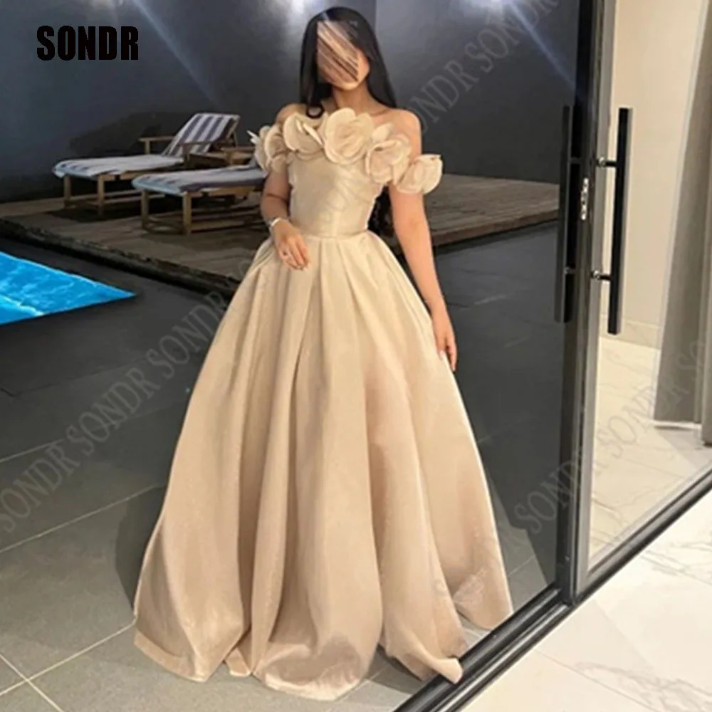 

SONDR Dusty Gold Organza Flowers Formal Arabic Prom Dresses A Line Off Shoulder Long Evening Party Dress Modest Bridesmaid Gowns