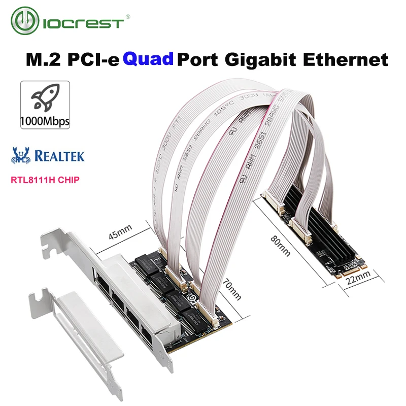 Iocrest-placa de Rede Gigabit Ethernet M.2 Pci-e Porta Portas Chave m b Chave 1000mbps 1g Nic Chipconjunto Realtek Rt8111h para Jogos
