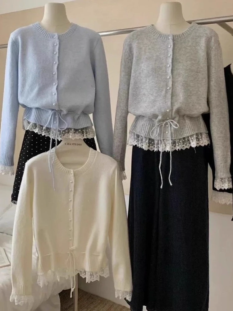 Knitted Sweater Women 2025 Autumn New Arrival Pearl Buttons Lace Patchwork Sweaters Pullovers Korean Style Casual Outwear Tops