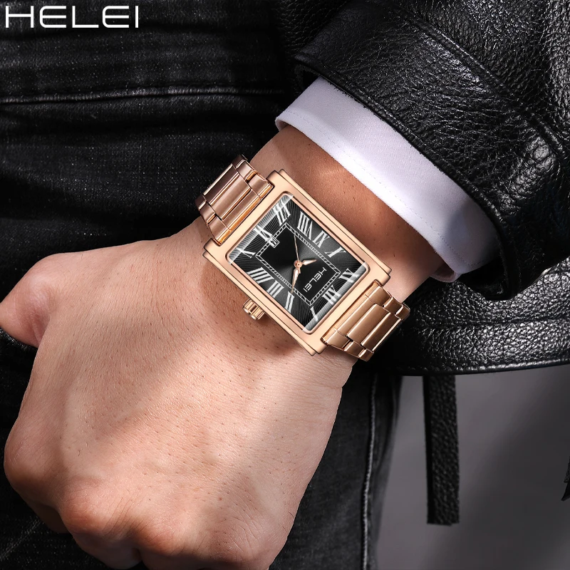HELEI Men's Trendy Watches Stainless Steel Quartz Men's Watches Ancient Rome Digital Dial Waterproof Casual Watches
