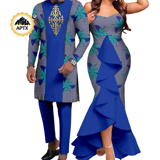 Dashiki African Women Mermaid Dresses Matching Men Outfits Pant Sets Bazin  Riche African Couple Clothes for Wedding Y22C080