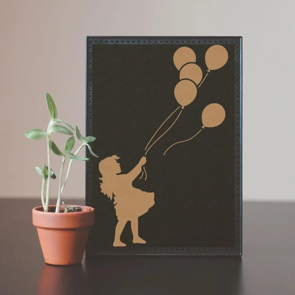 은행시 풍선 소녀 드로잉 스텐실, 8.3x11.7 인치, 은행시 그래피티 스텐실 플라스틱 페인팅 템플릿, 재사용 가능한 홈 벽 장식