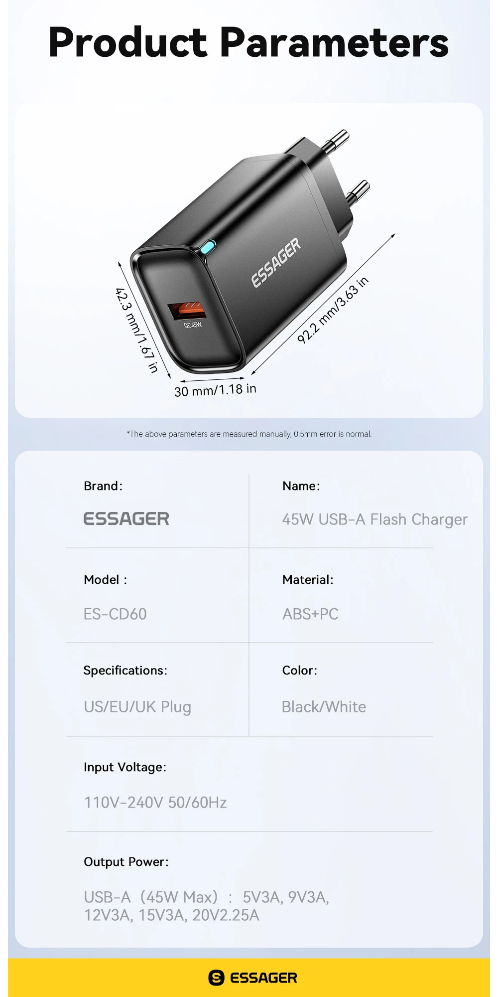 45W USB A Charger QC3.0 PD Fast Charging Wall Charger For Samsung Galaxy S24 S23