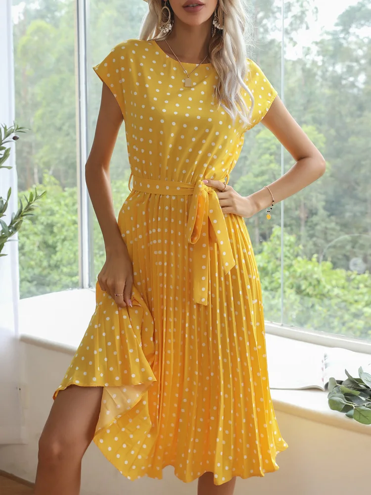 Benuynffy O-Neck Polka Dot Summer Dresses 2024 Cap Sleeve Women Knee Length Shirred Elegant Office Lady Belted A-Line Dress - Image 2