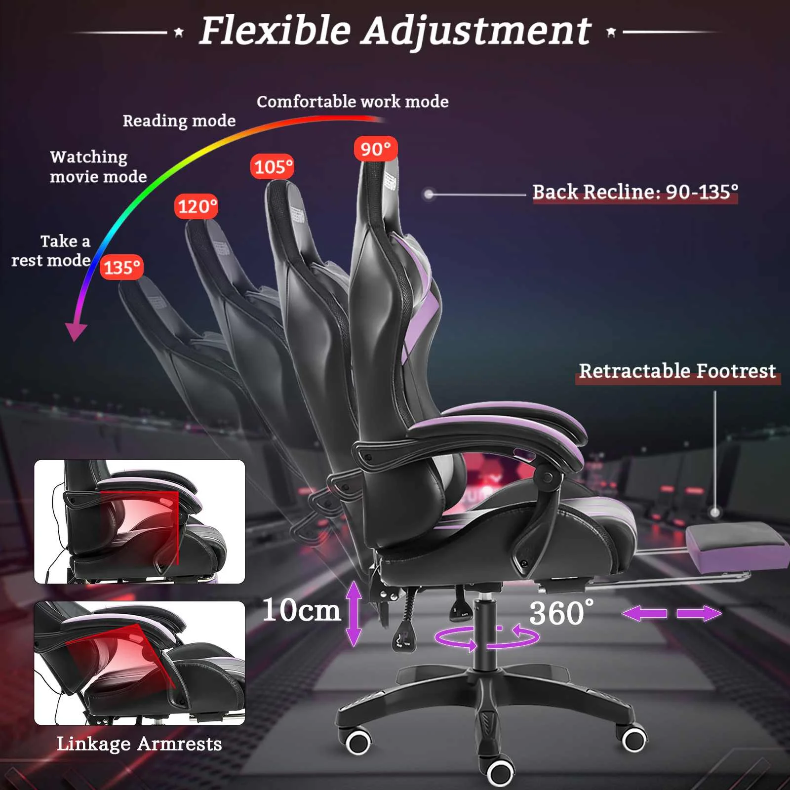 Gaming Chair With PVC Leather RGB Light Office Chair Gamer Computer Chair Ergonomic Swivel Chair 2 Point Massage Racing Chair 3