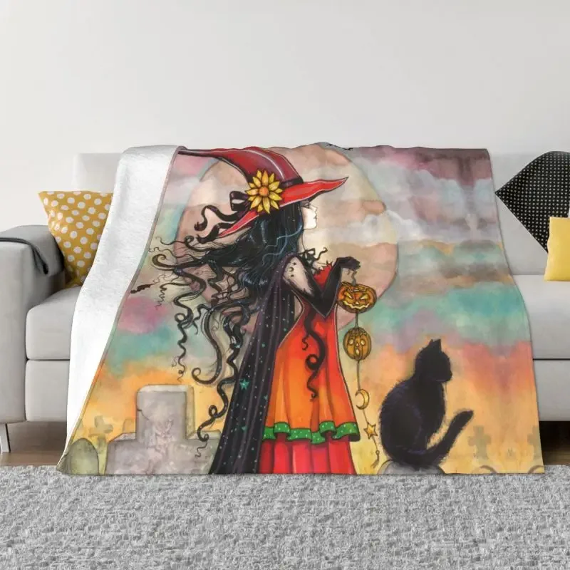 

Halloween Witch And Black Cat Fantasy Art Blankets Soft Flannel Summer Occult Gothic Wiccan Throw Blanket for Couch Home Bedding