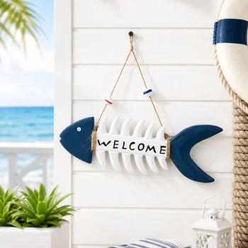 Insegna di benvenuto nautica a spina di pesce, decorazione rustica da parete a tema costiero per porta di casa al mare, portico, bagno, decorazione per la casa