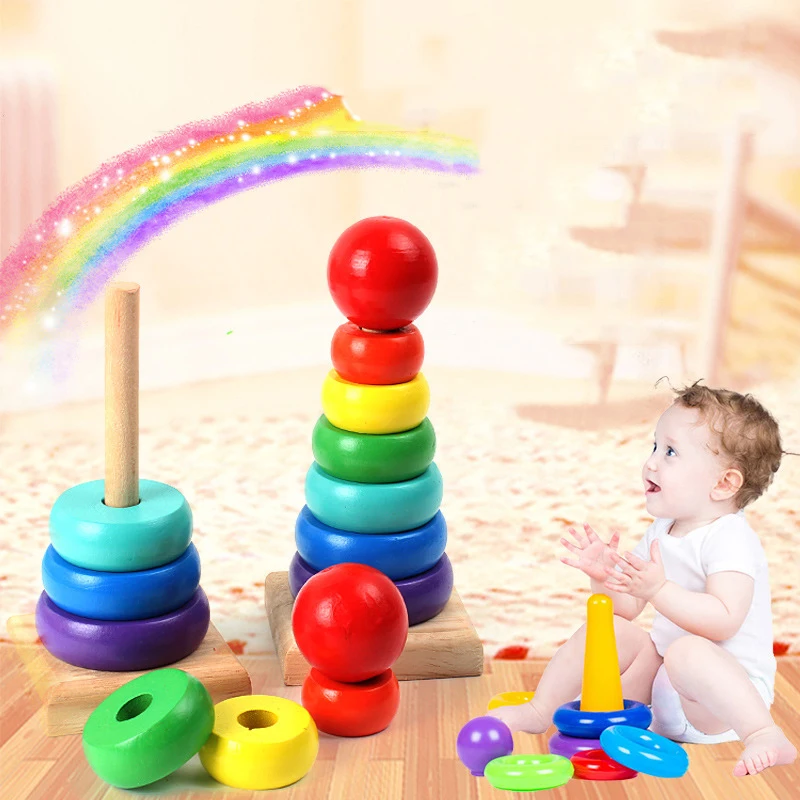 Baby Rainbow Tower Stacking Toys Montessori Wooden Colorful Stacking Puzzle Ring Early Educational Teaching Aids Baby Toys Gifts