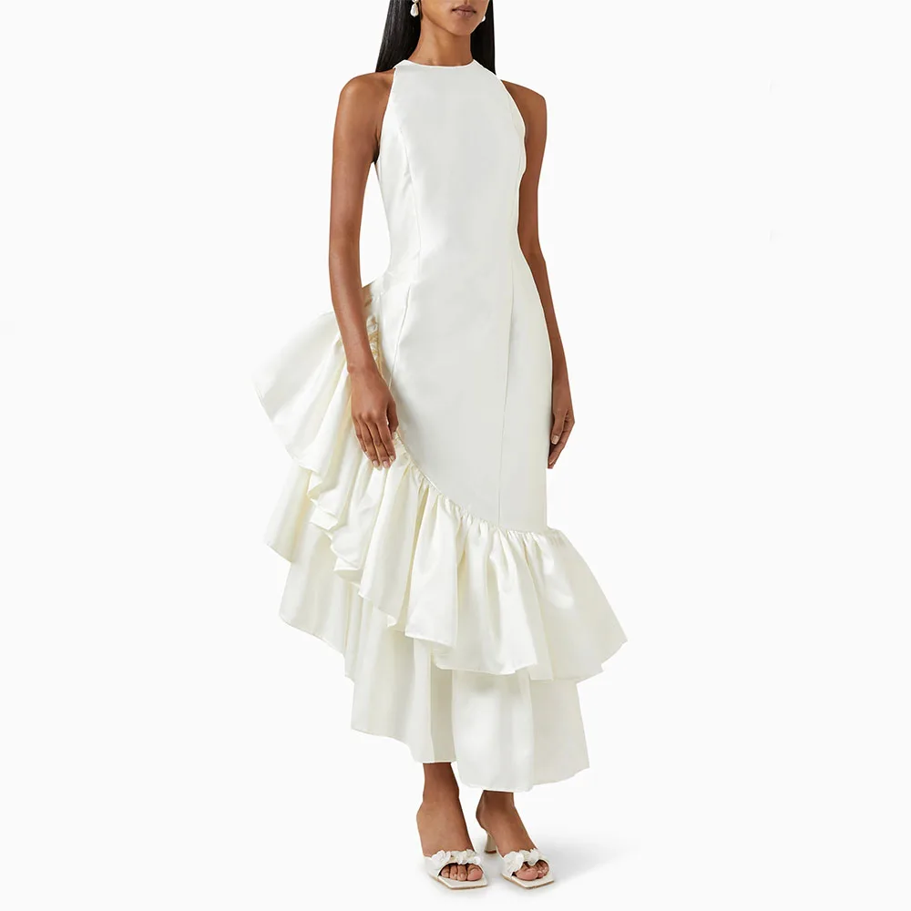 Cocktail Dresses Asymmetrical Ruffle O Neck Sleeveless Mermaid Cocktail Gowns Women Satin Trumpet Formal Party Dress Beige