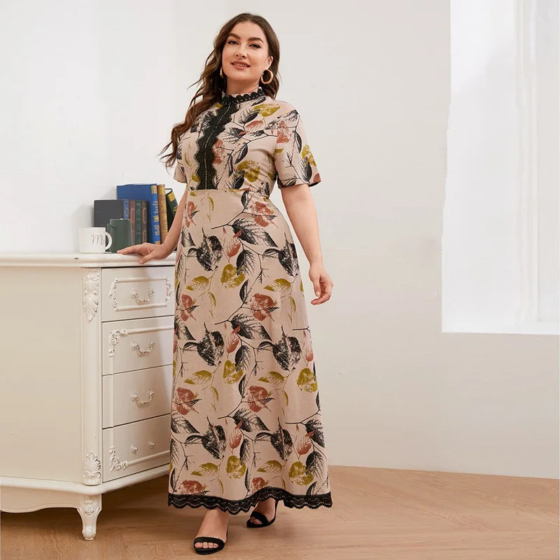 Women Plus Size Long Dresses 2023 New Summer Casual Elegant Short Sleeve Lace Embroidered Printed Formal Evening Party Clothing