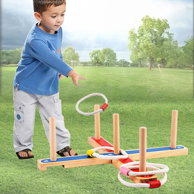 Wooden Ring Hook Game Set Funny Hook and Ring Game Outdoor Ring Throwing Game with 2 Wood Base 5 Rings 5 Sticks for Kids 4