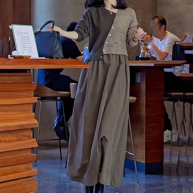 

Женская одежда, вязаные платья в стиле пэчворк, весна-осень, элегантное модное асимметричное длинное платье из двух частей с V-образным вырезом и пуговицами