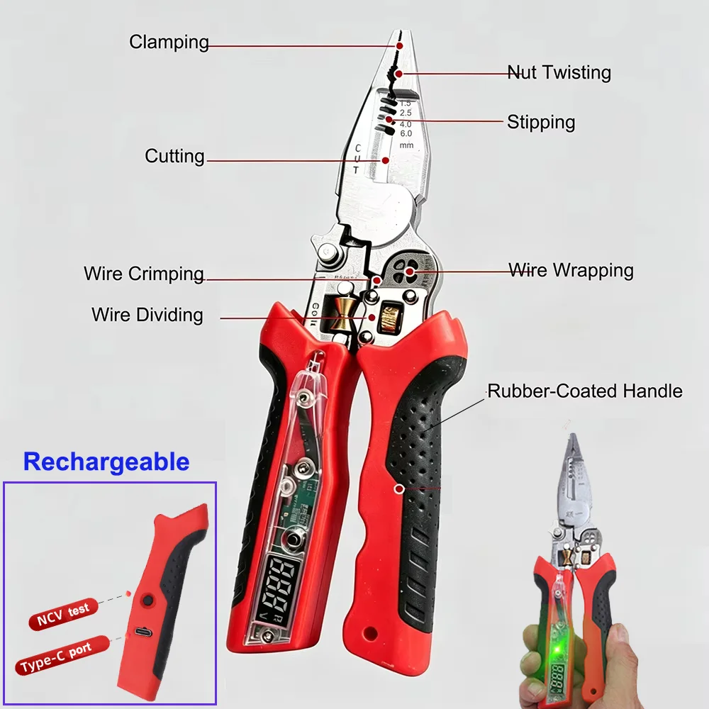 Rechargeable Multifunctional Electrician Tool: Adjustable Wire Stripper & Real-time Voltage Tester