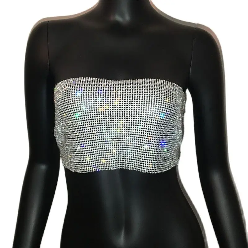 FestivalQueen Sexy Rhinestone Sequined Strapless Tops Fashion Shiny Metal Diamond Tube Tops Party Club Summer Beach Wear