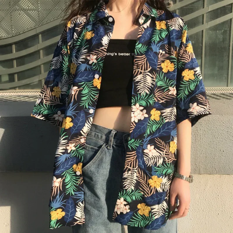 

Hawaii Lapel Harajuku Retro Women's Beach Single-breasted Cardigan Short Sleeve Floral Print Top 2022 Summer Loose Casual Top
