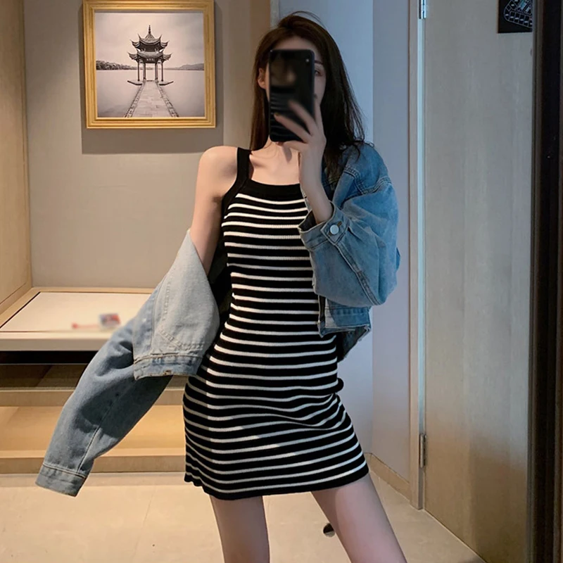 

Women's Dress Casual Sweet Knitted Camisole Dress Stripe Contrast Color