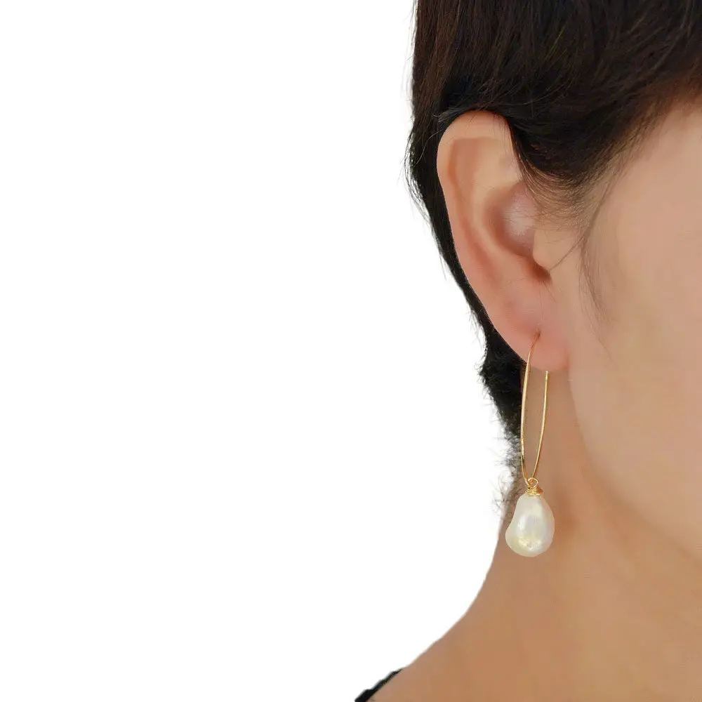 

Round Earrings White Natural Freshwater Pearls Large Gold Earrings Baroque Pearls Handmade Gold Earrings Women's Earrings